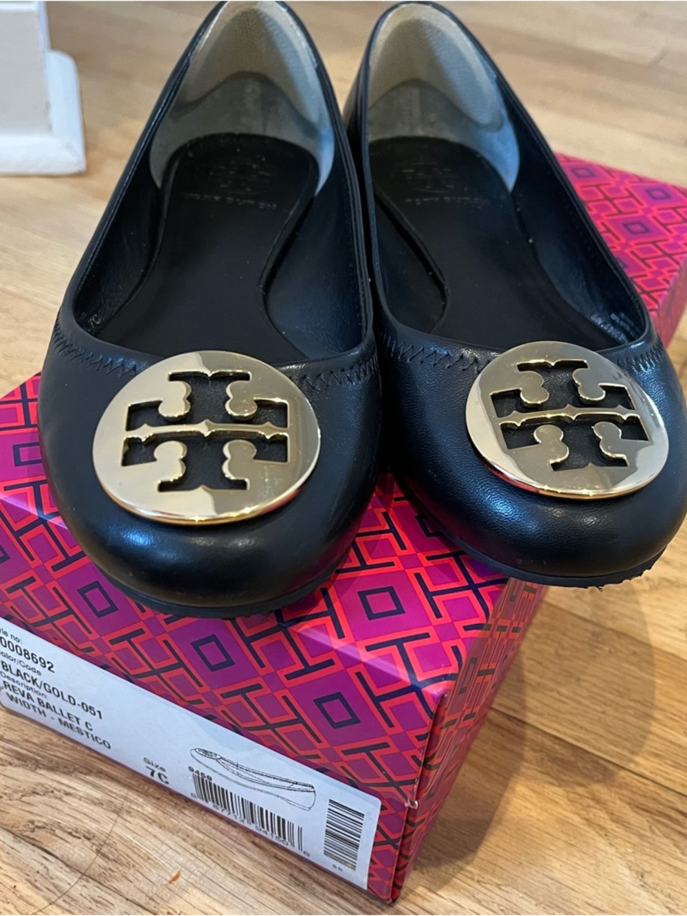 Tory Burch Black Leather Ballet Flats with Gold Logo Medallion